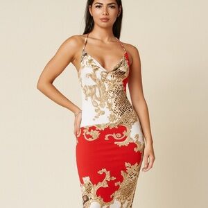 G by Guess Red, White, + Gold Baroque Print Halter Mini Dress Size XS